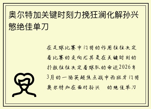 奥尔特加关键时刻力挽狂澜化解孙兴慜绝佳单刀