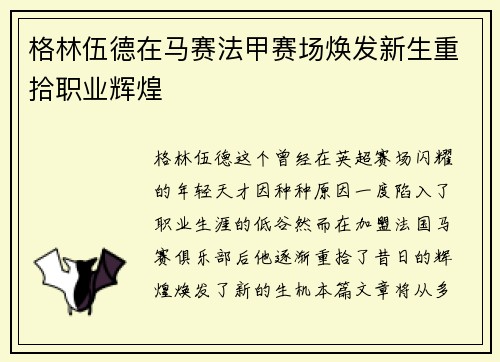 格林伍德在马赛法甲赛场焕发新生重拾职业辉煌